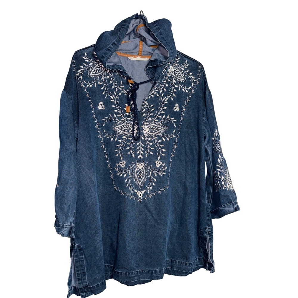 Soft Surroundings M Embroidered Tencel Denim Tunic Top Hooded Boho Festival